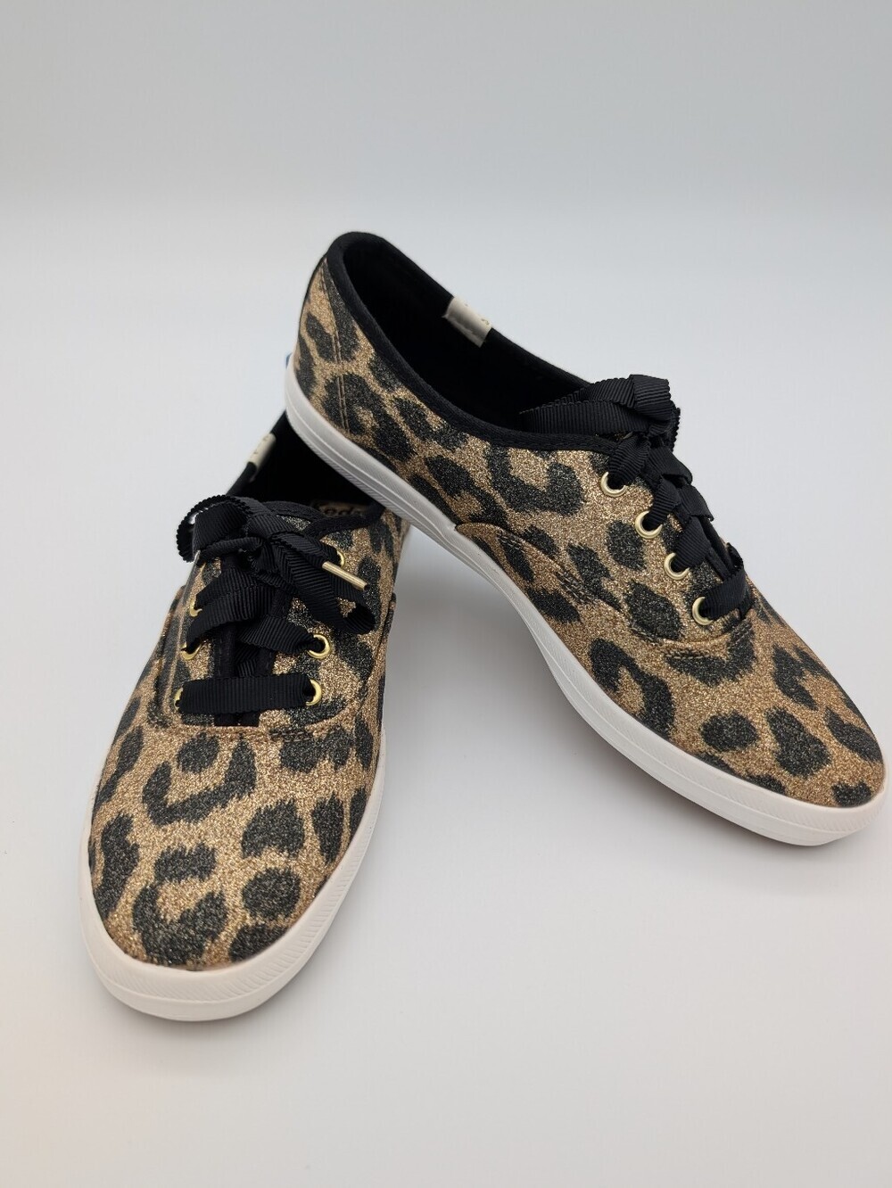 Keds x Kate Spade Glitter Leopard Sneakers Gold Black Ribbon Laces Size 6 EUC